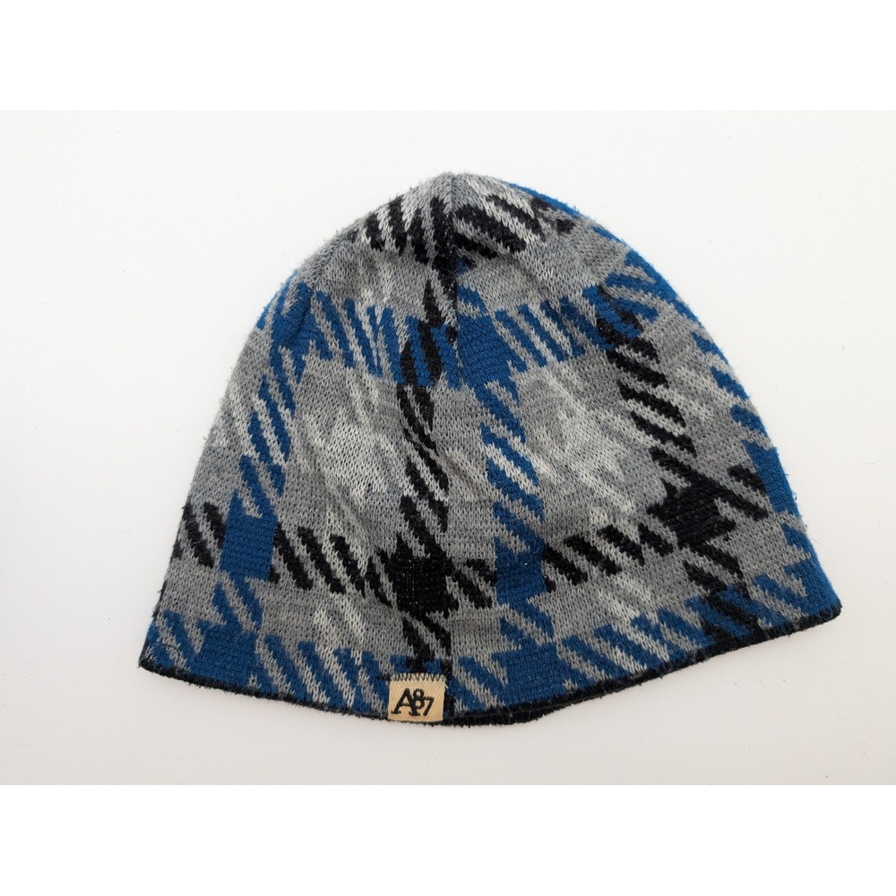 Aeropostale A87 Reversible Beanie Hat Blue Grey Patterned Black Knit Mens
